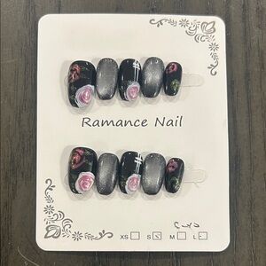 Small Size Black and Pink Floral Press-On Nails